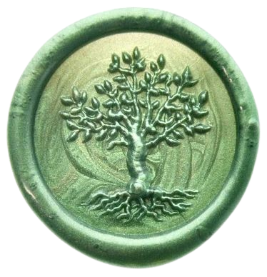 green wax seal with a tree imprint