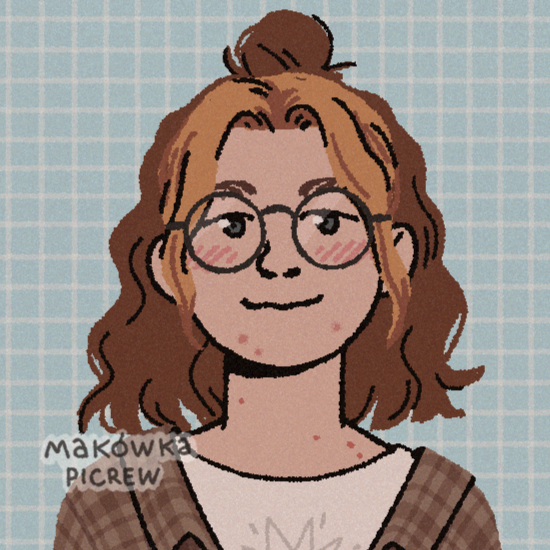 an illustration of a white person with medium length brown hair and glasses, a picrew by